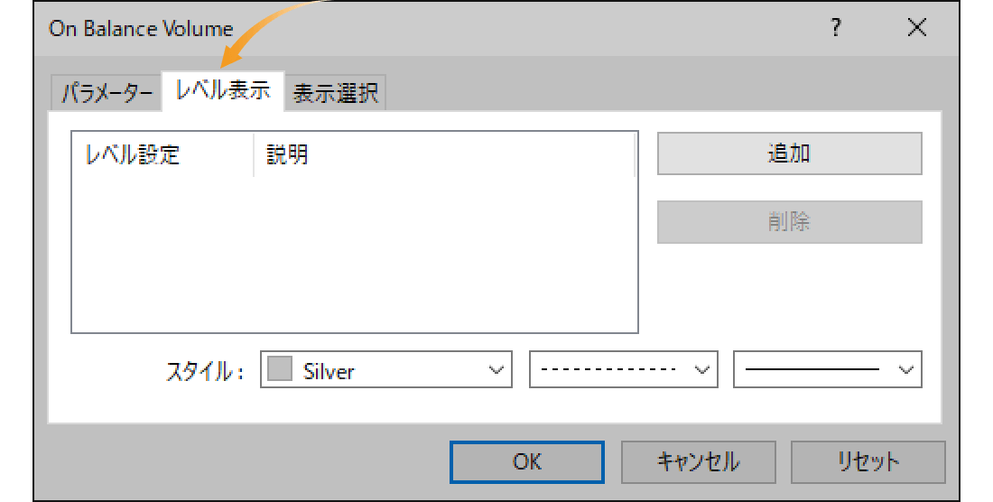 オンバランスボリュームのレベル表示設定