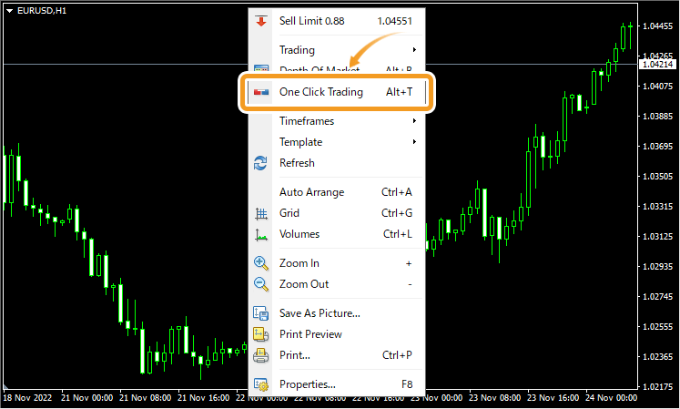Open a context menu on the chart and click One Click Trading