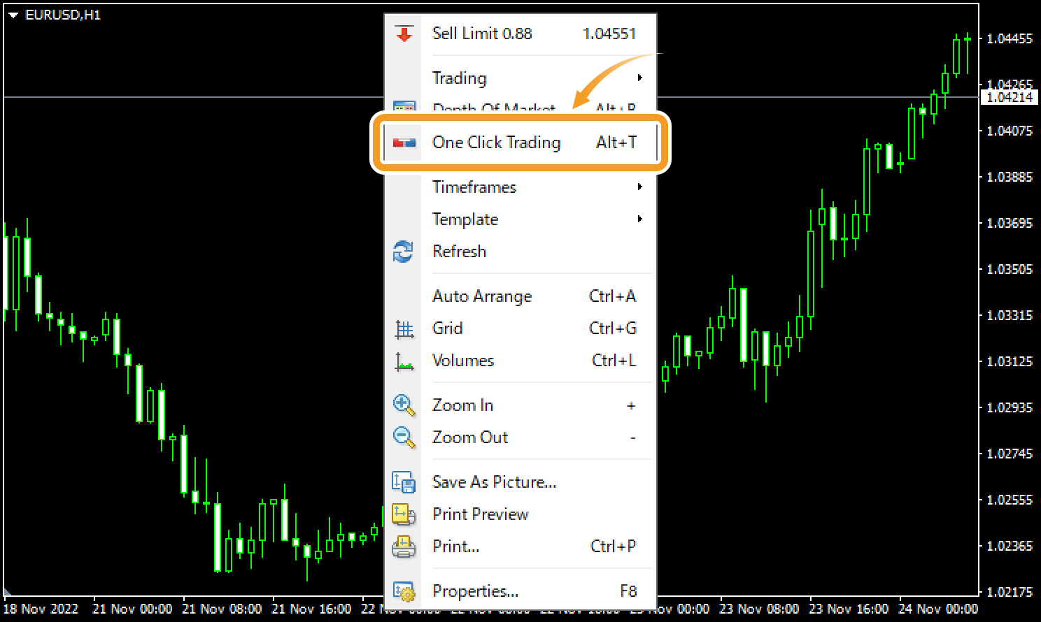 Open a context menu on the chart and click One Click Trading