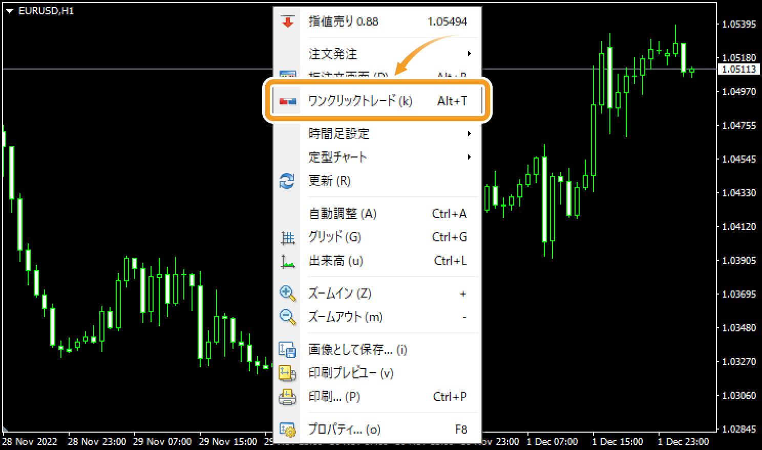 チャート上でメニューを開き「ワンクリックトレード」をクリック