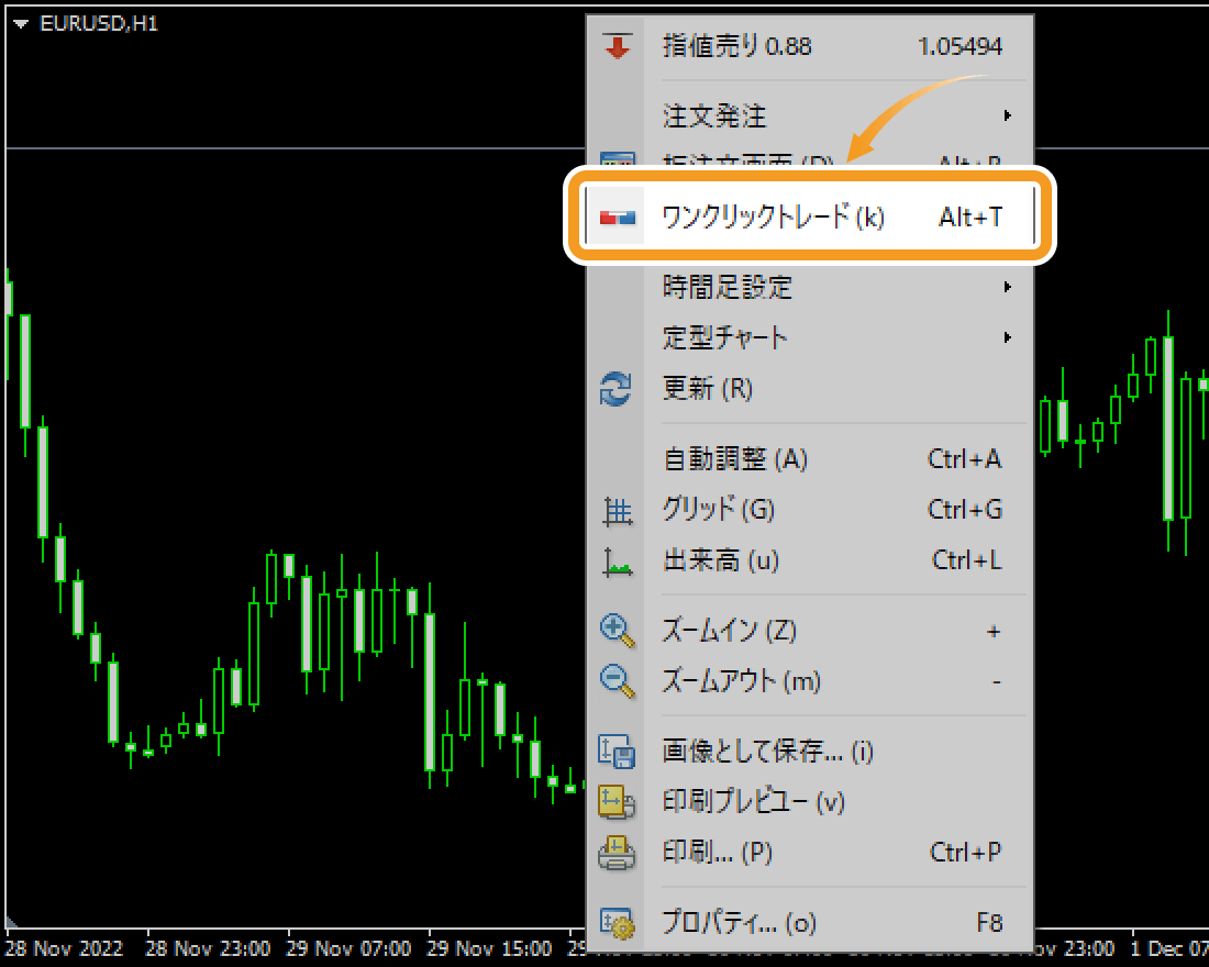 チャート上でメニューを開き「ワンクリックトレード」をクリック