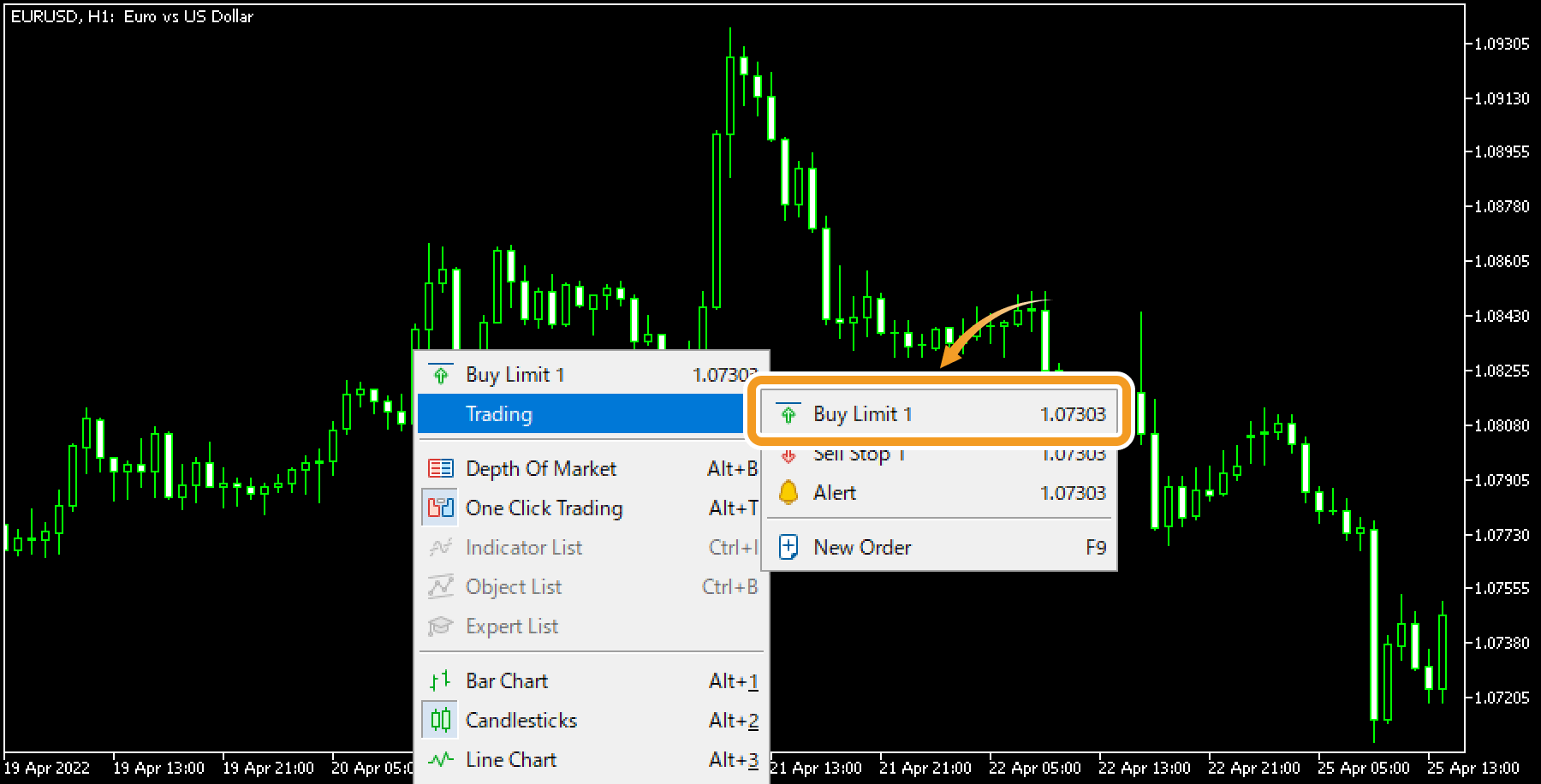 Hover the pointer over Trading, and select Buy Limit (trade volume)