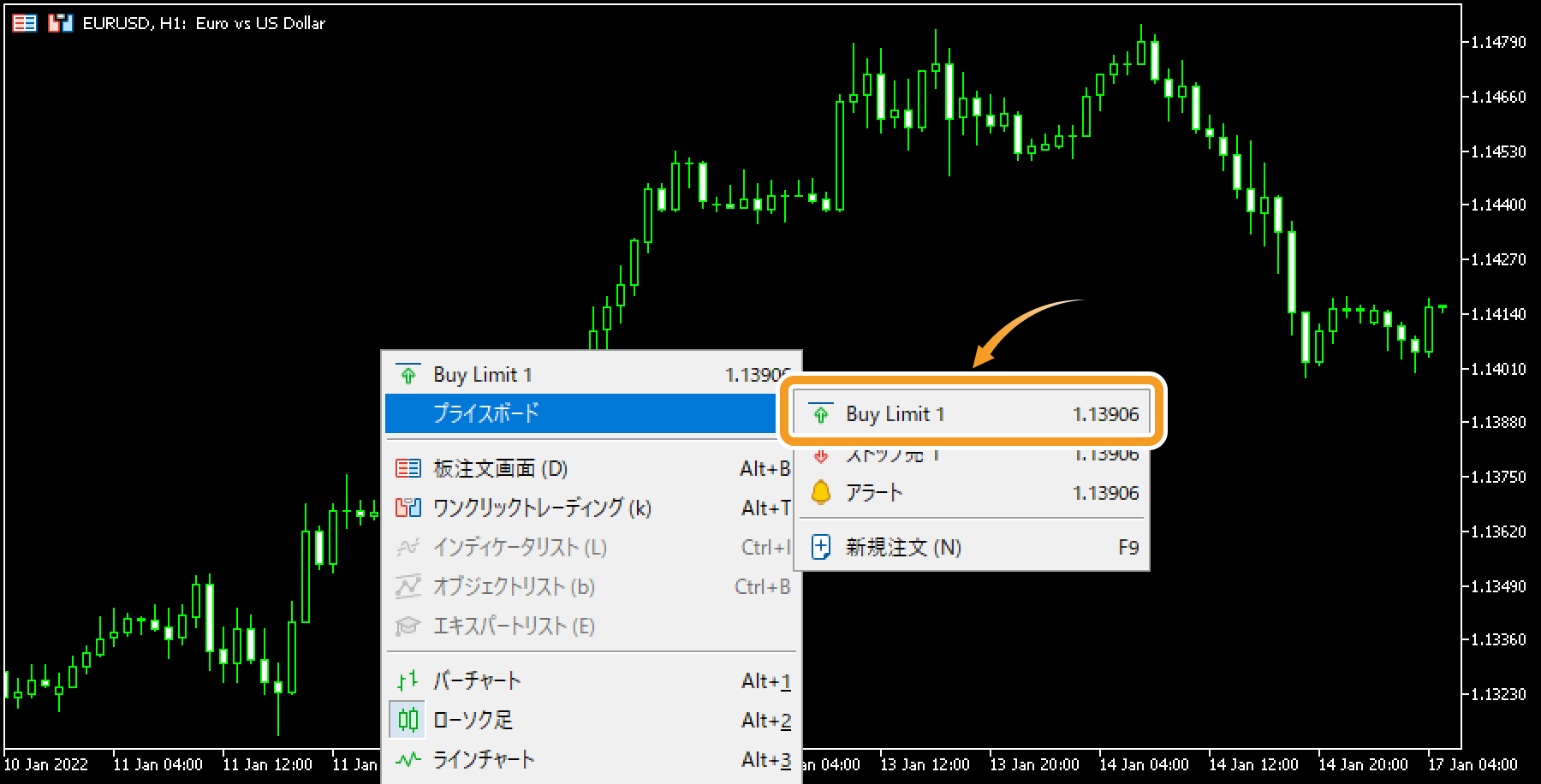 メニュー一覧から「プライスボード」にマウスポインターを動かし、「Buy Limit（取引数量）」を選択