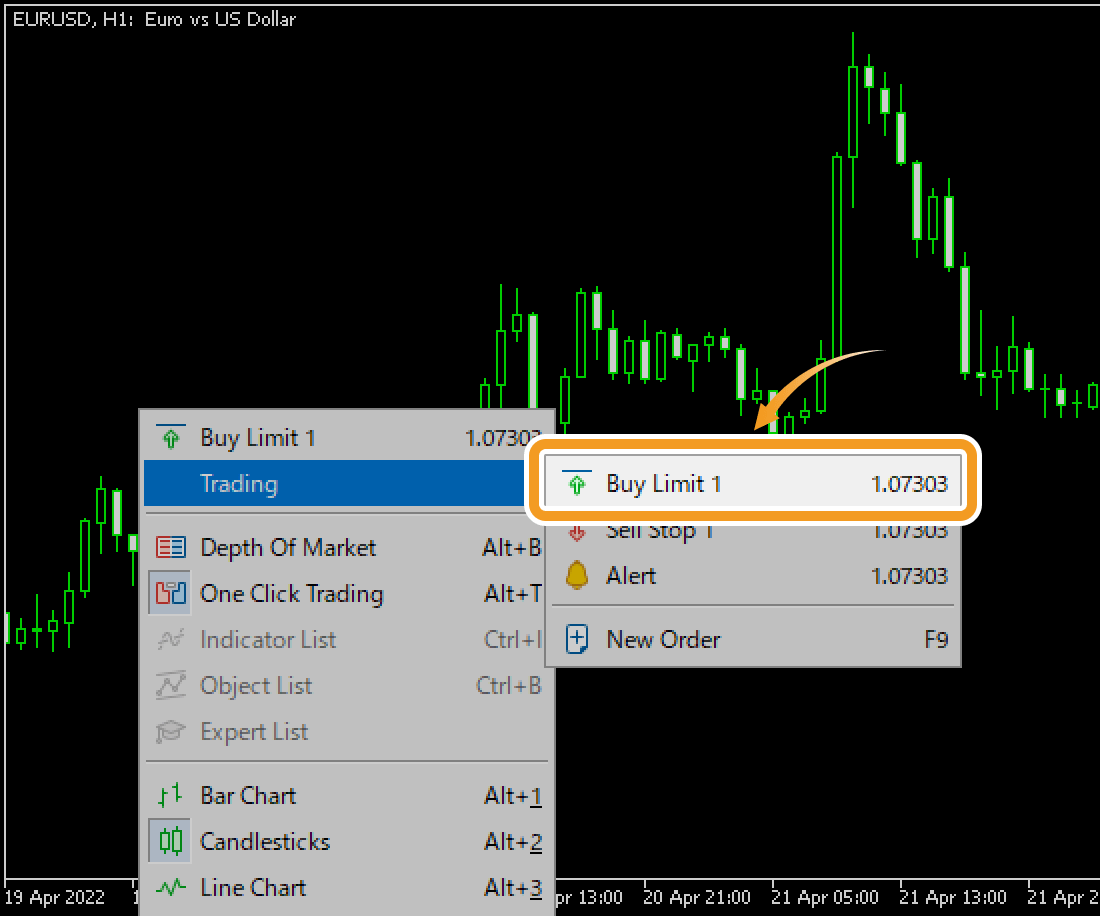 Hover the pointer over Trading, and select Buy Limit (trade volume)