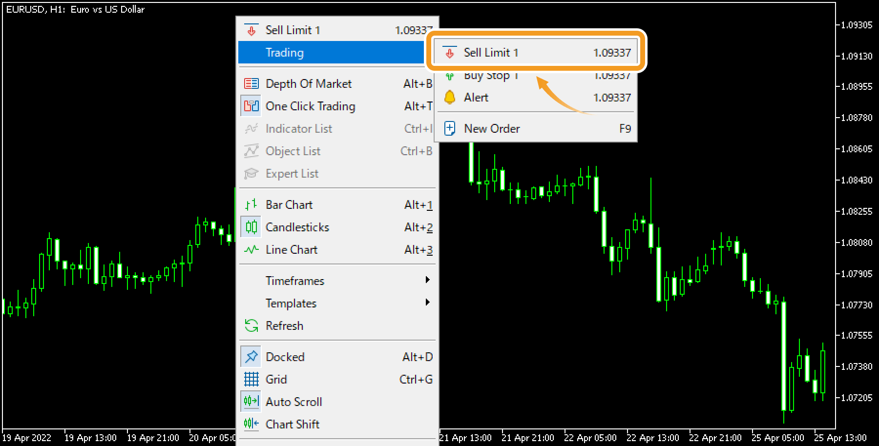 Hover the pointer over Trading, and select Sell Limit (trade volume)