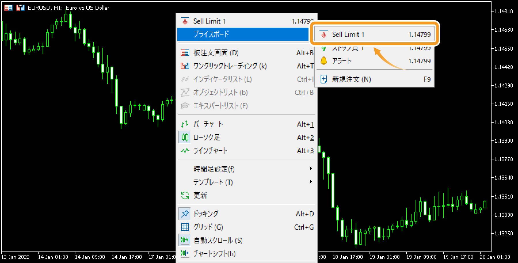 メニュー一覧から「プライスボード」にマウスポインターを動かし、「Sell Limit（取引数量）」を選択