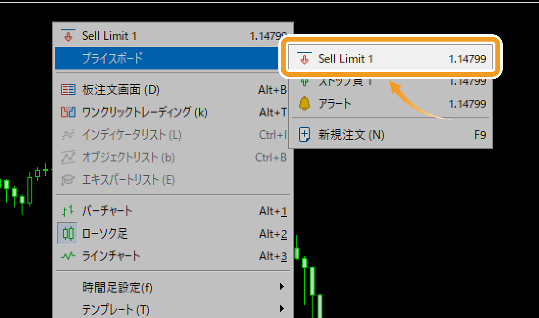 メニュー一覧から「プライスボード」にマウスポインターを動かし、「Sell Limit（取引数量）」を選択