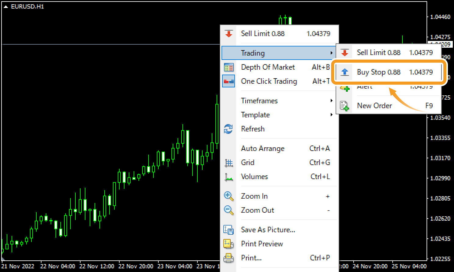 Select Buy Stop from Trading