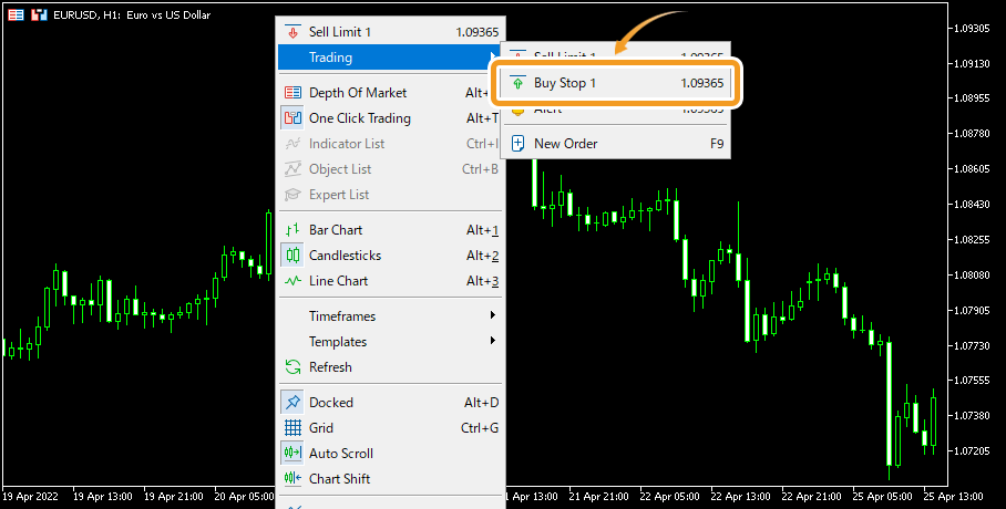 Hover the pointer over Trading, and select Buy Stop (trade volume)