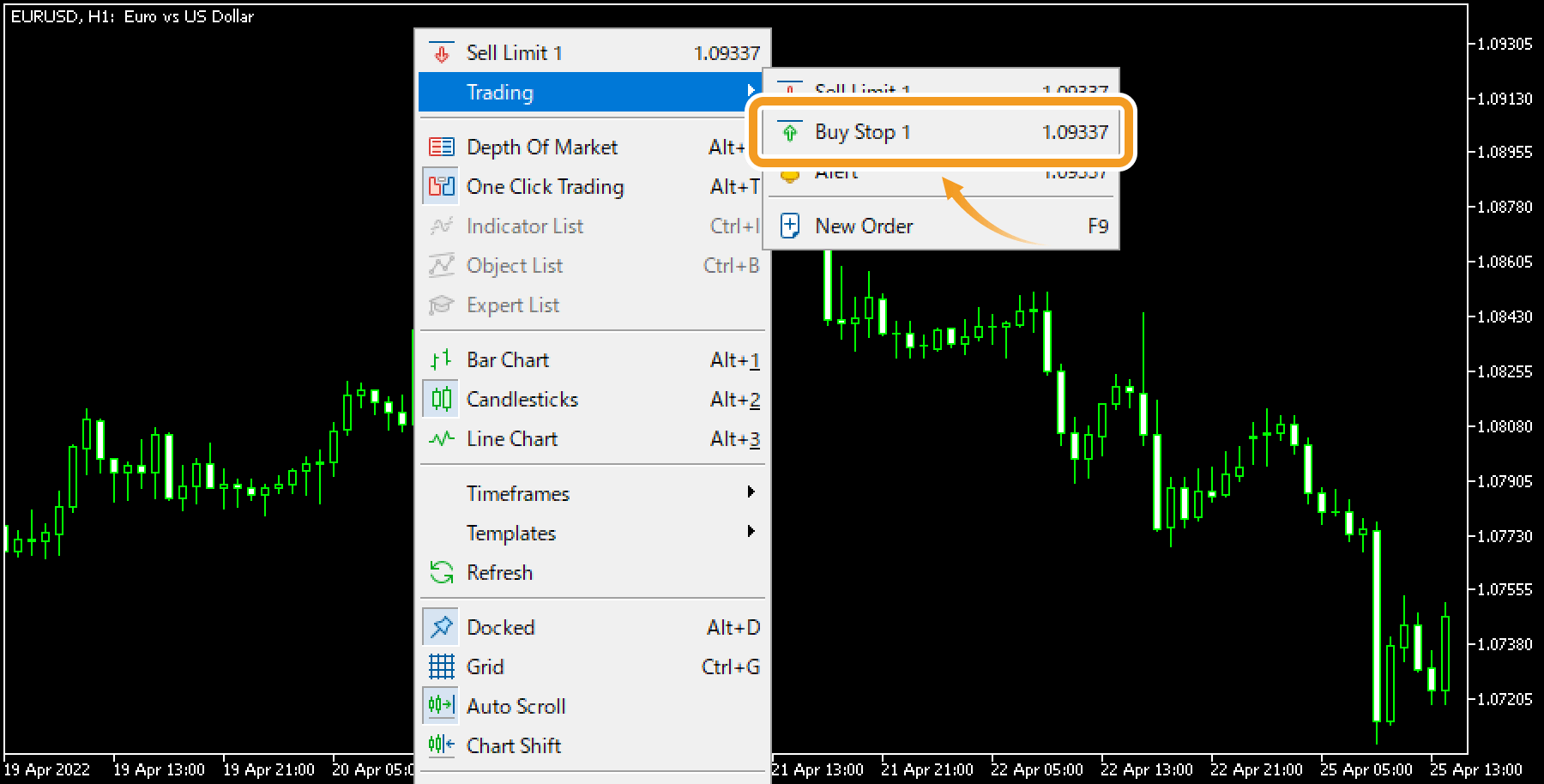 Hover the pointer over Trading, and select Buy Stop (trade volume)