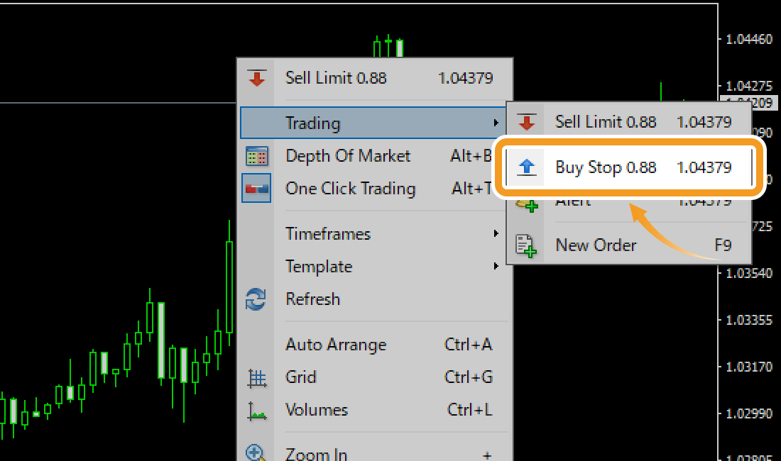 Select Buy Stop from Trading