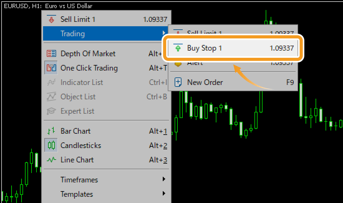 Hover the pointer over Trading, and select Buy Stop (trade volume)