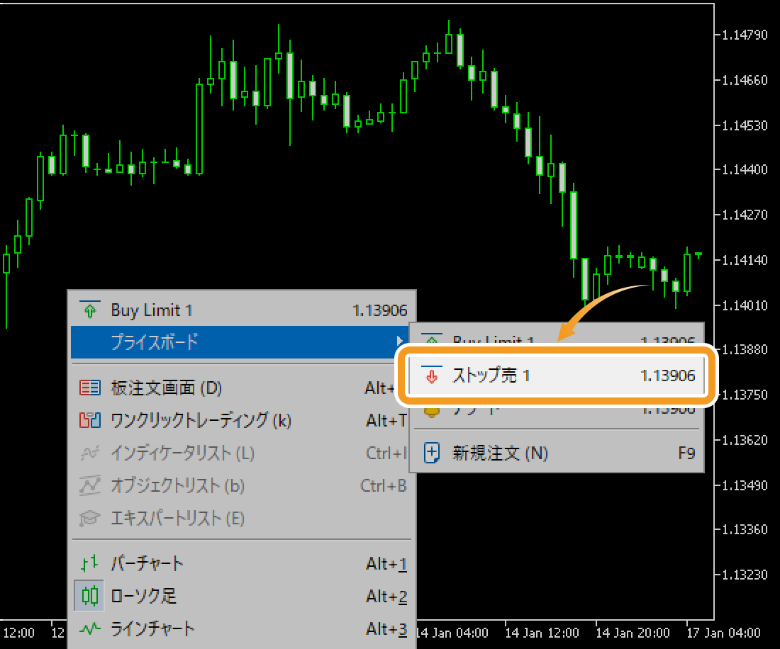 メニュー一覧から「プライスボード」にマウスポインターを動かし、「ストップ売（取引数量）」を選択