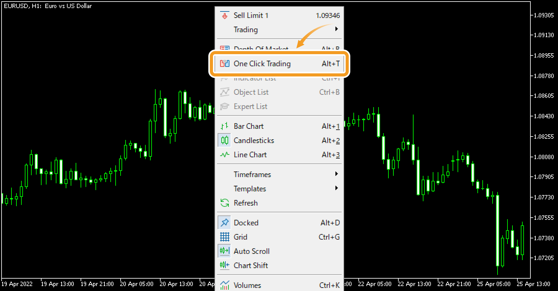 Right-click on the chart and select One Click Trading