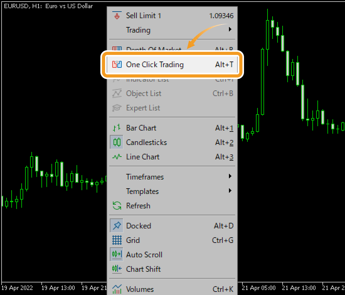 Right-click on the chart and select One Click Trading