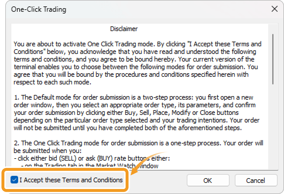 One-click trading disclaimer