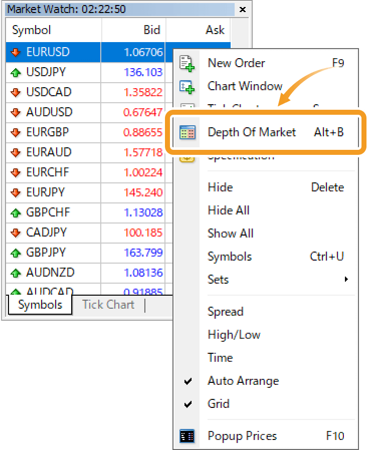 Open the Depth of Market window from the Market Watch