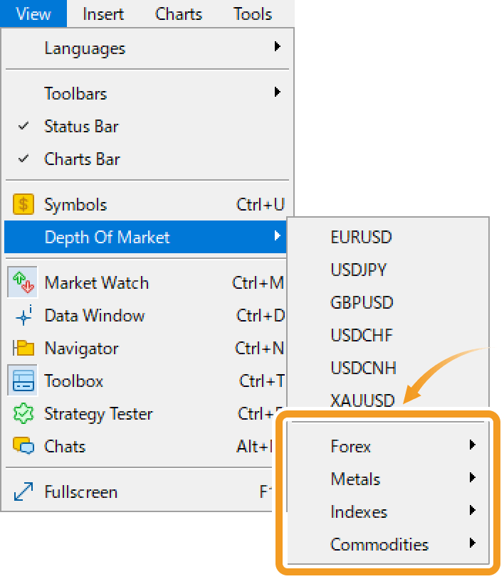 Open the Depth of Market window from the menu