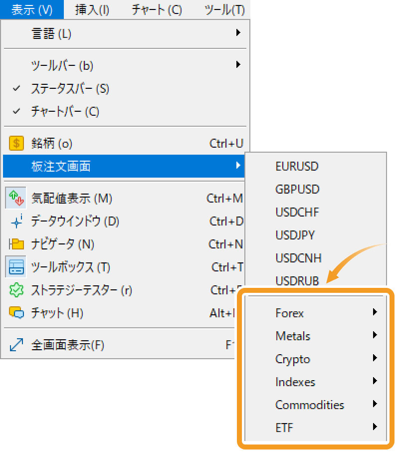 メニューバーから板注文画面を表示