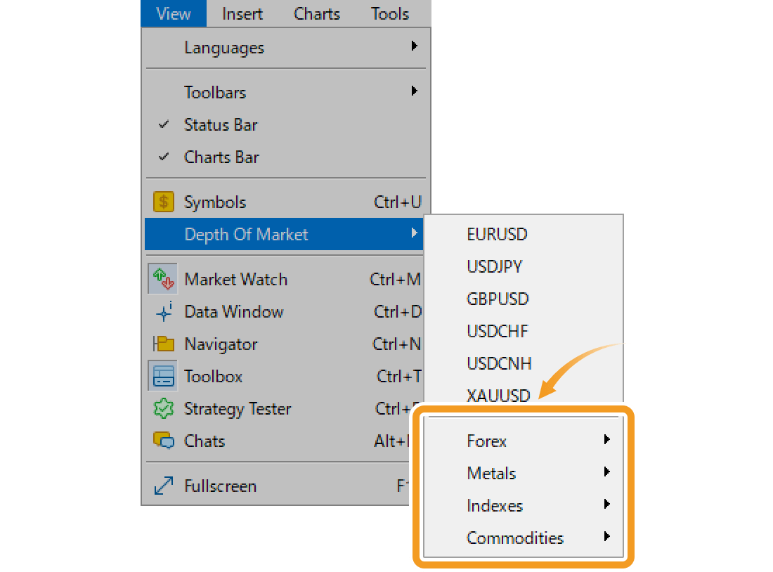 Open the Depth of Market window from the menu