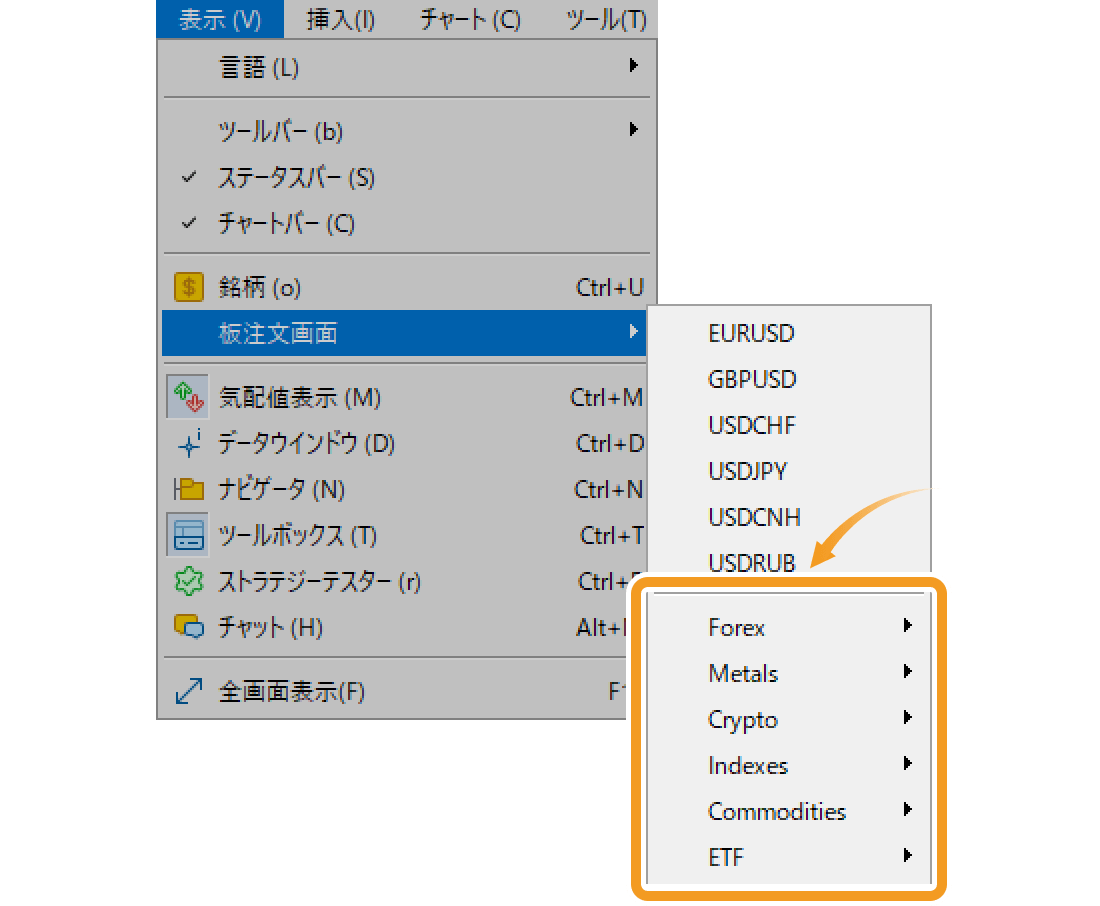 メニューバーから板注文画面を表示