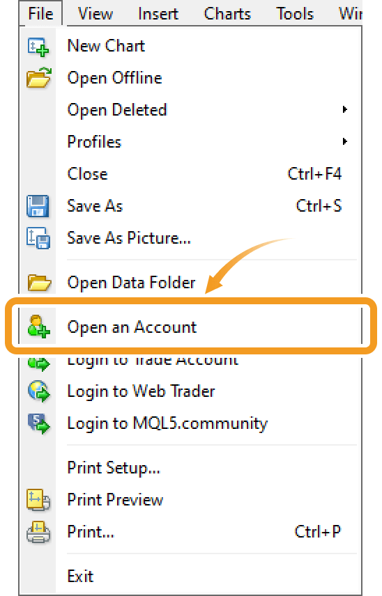 Select Open an Account from the file menu on MT4