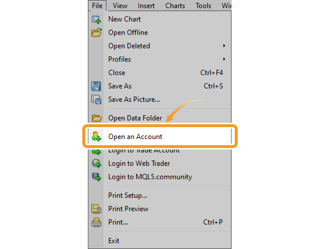 Select Open an Account from the file menu on MT4