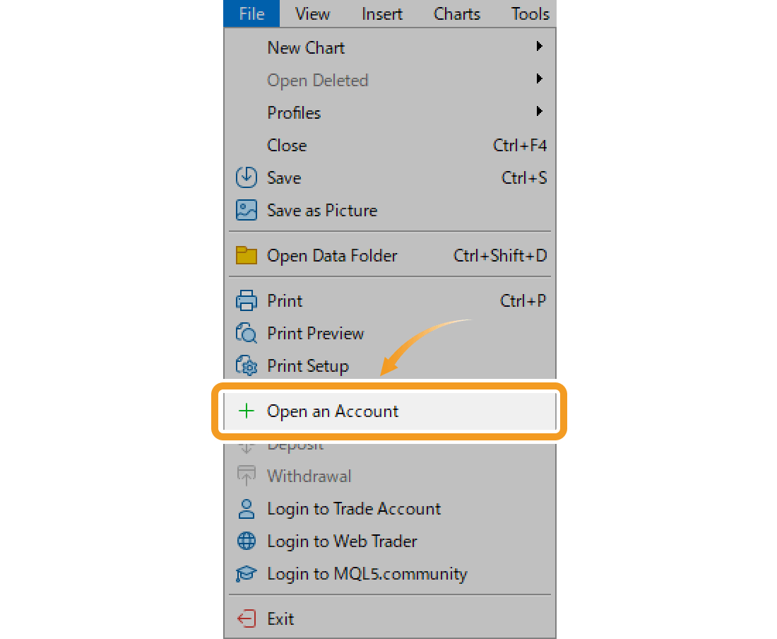 Open a demo account from the file menu on MT5