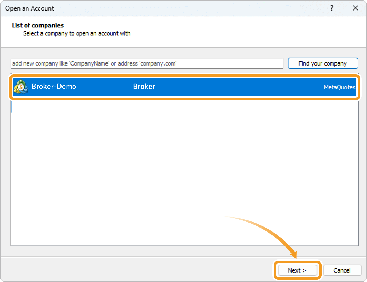 Select a server on the Open an Account window