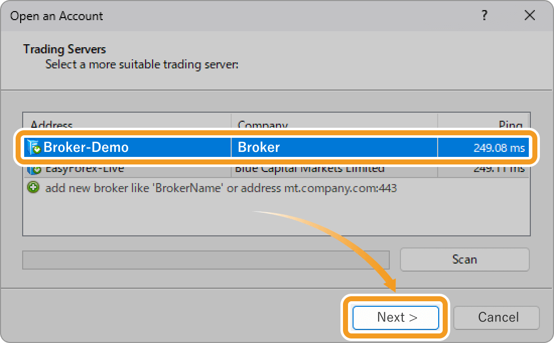 Select a server on the Open an Account window