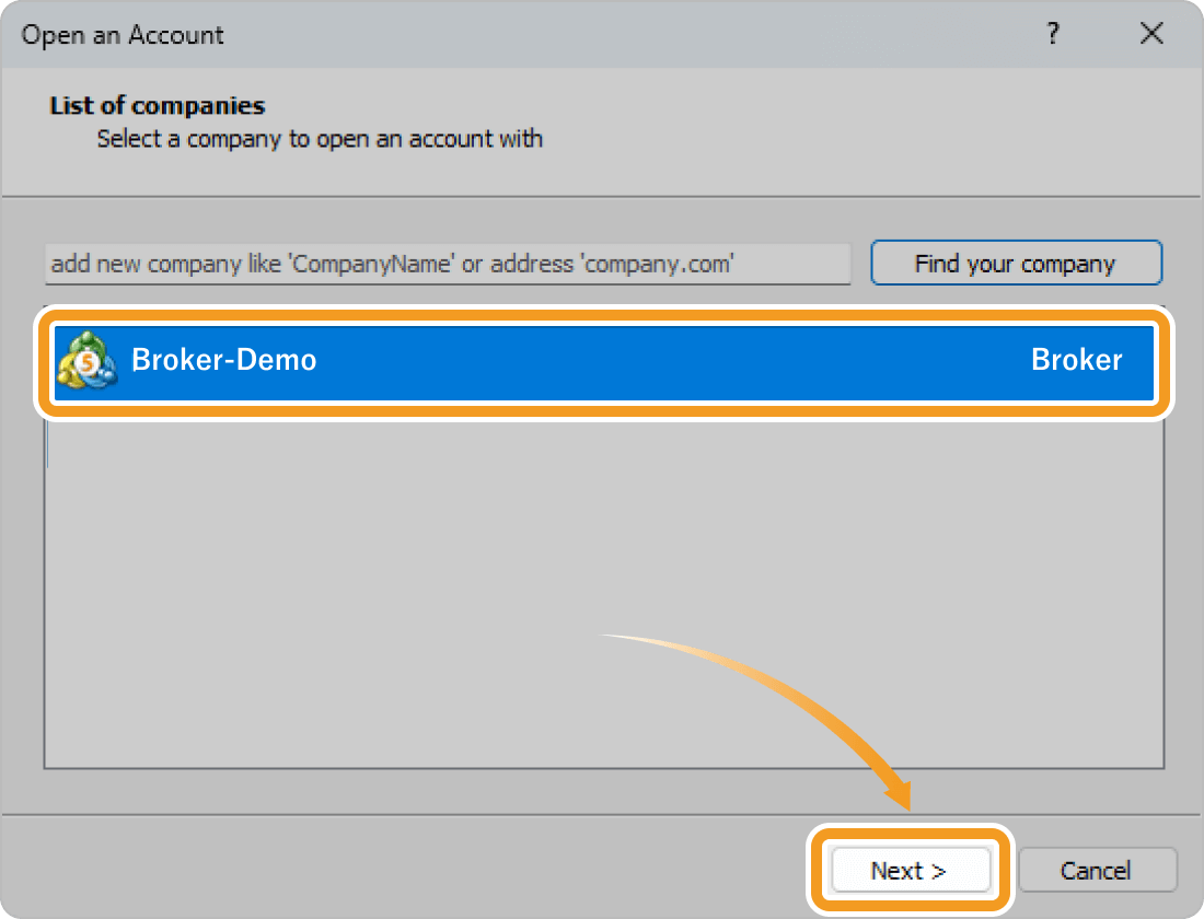 Select a server on the Open an Account window