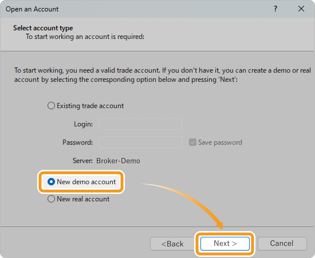 Select New demo account on the Open an Account window