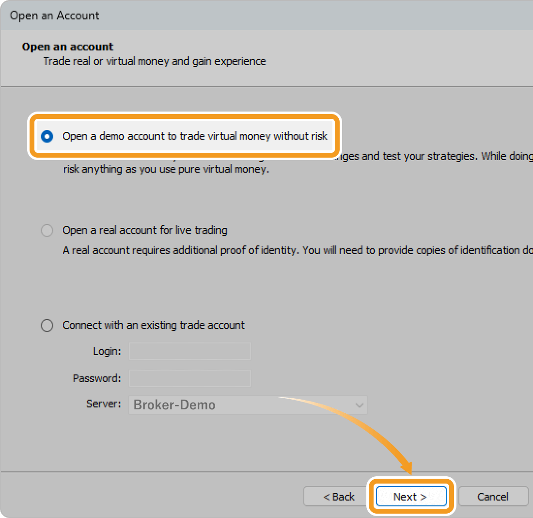 Select New demo account on the Open an Account window