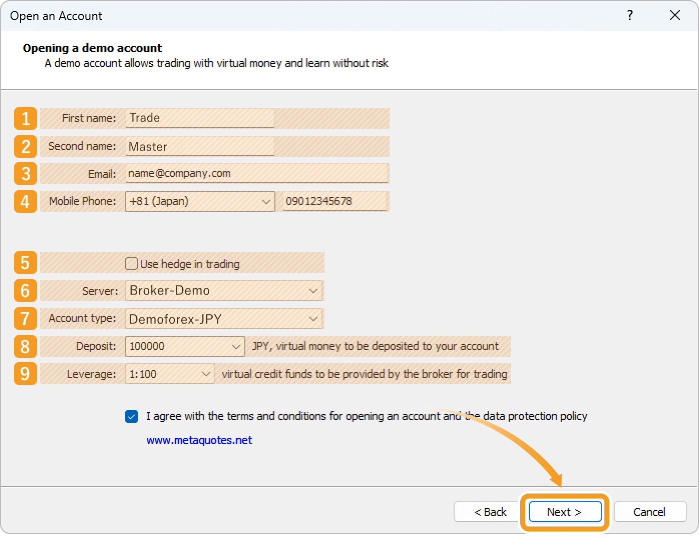 Fill in your info on the Open an Account window