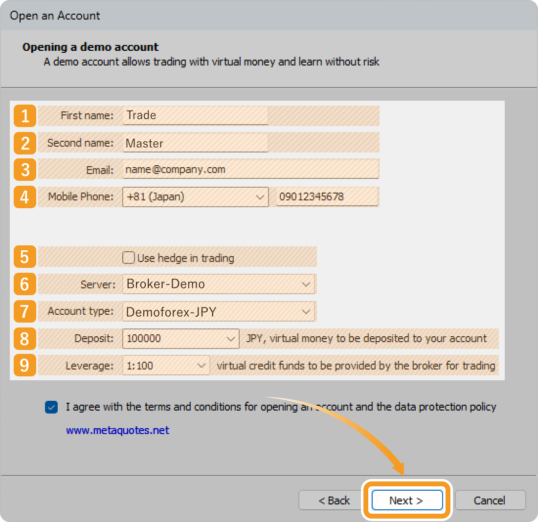 Fill in your info on the Open an Account window