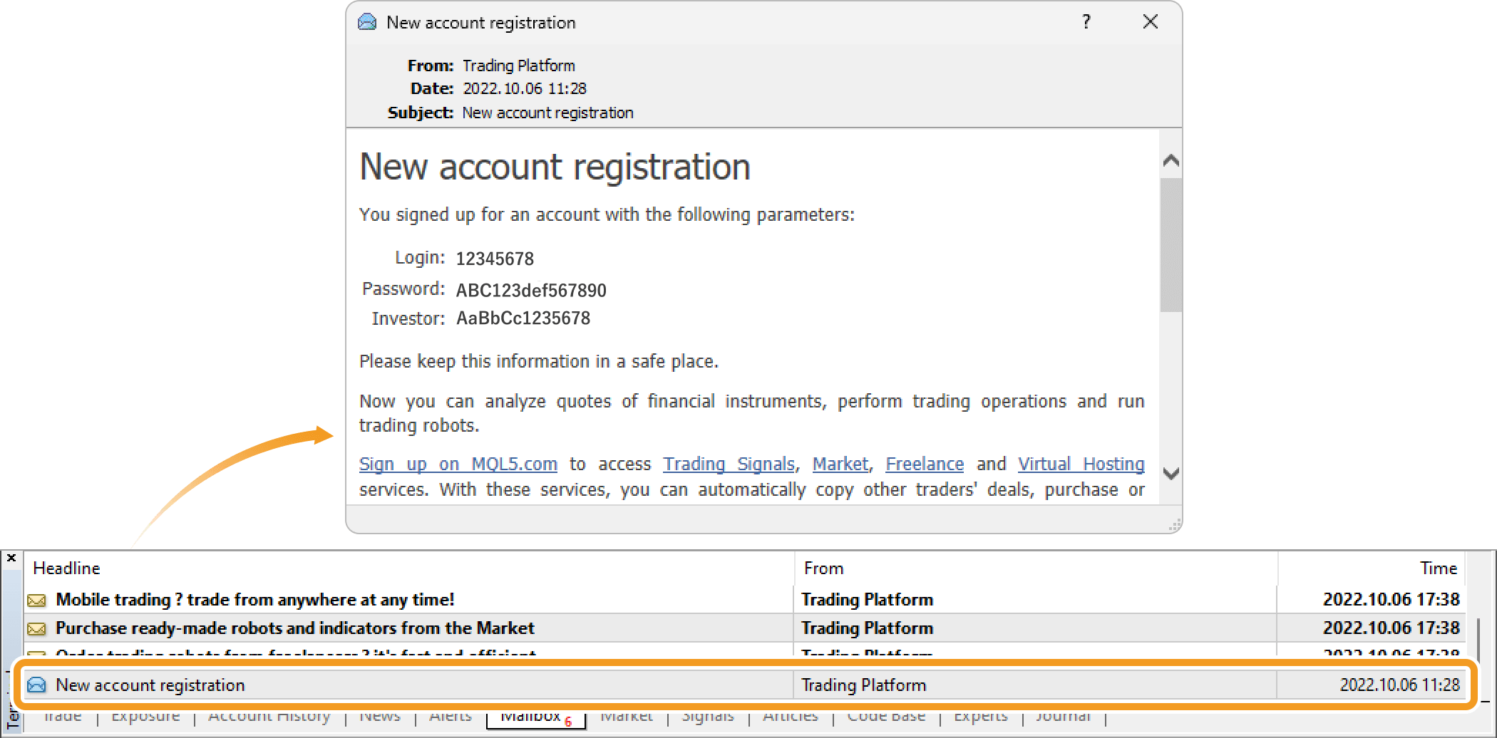 New account registration message in the Mailbox