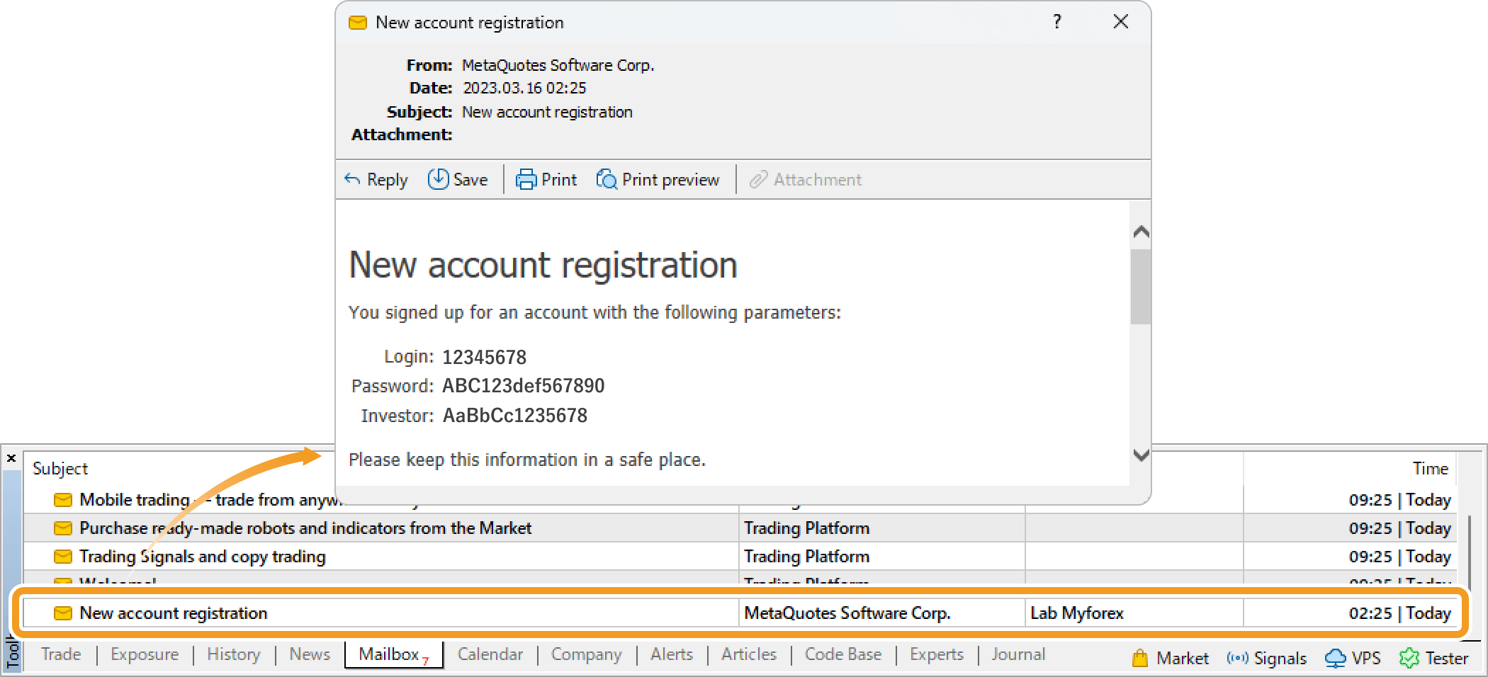 New account registration message in the Mailbox