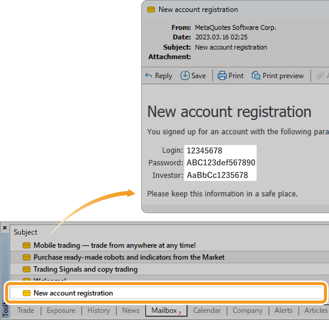 New account registration message in the Mailbox