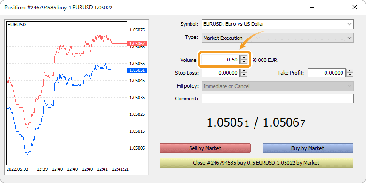 In the Volume field, set the volume to close in lots 