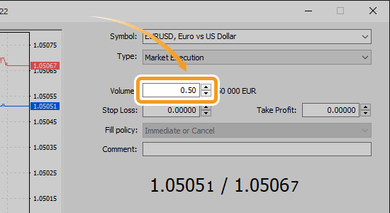 In the Volume field, set the volume to close in lots 