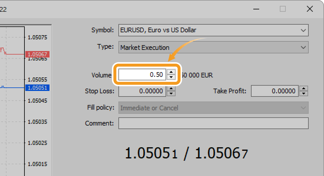 In the Volume field, set the volume to close in lots 