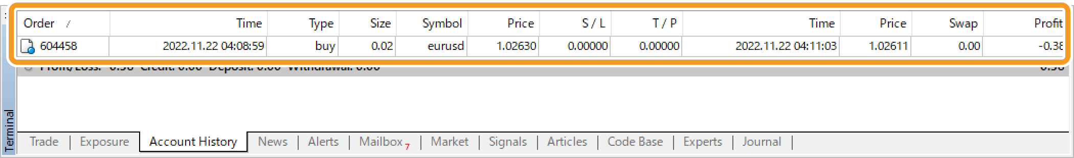 View the partial position closed in the Account History tab