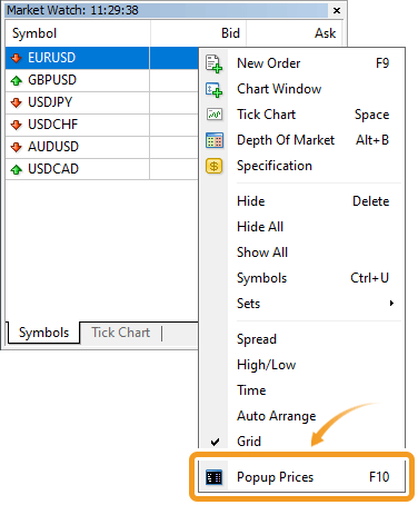 Context menu of the Symbols tab