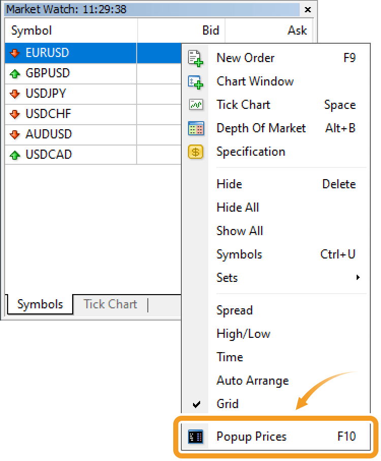 Context menu of the Symbols tab