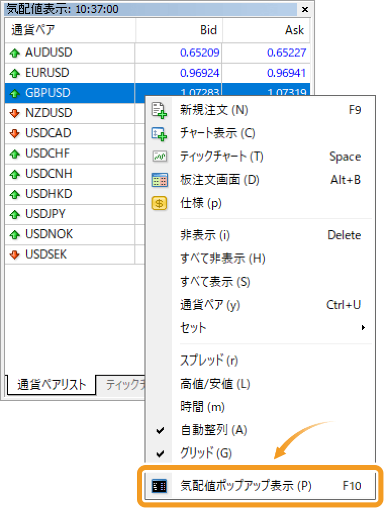 通貨ペアリストタブのコンテキストメニュー