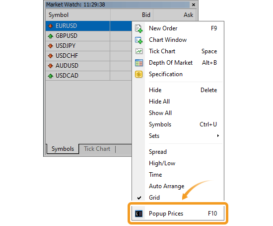 Context menu of the Symbols tab