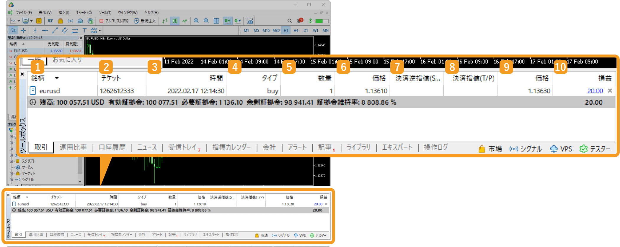 ツールボックス内の「取引」タブ