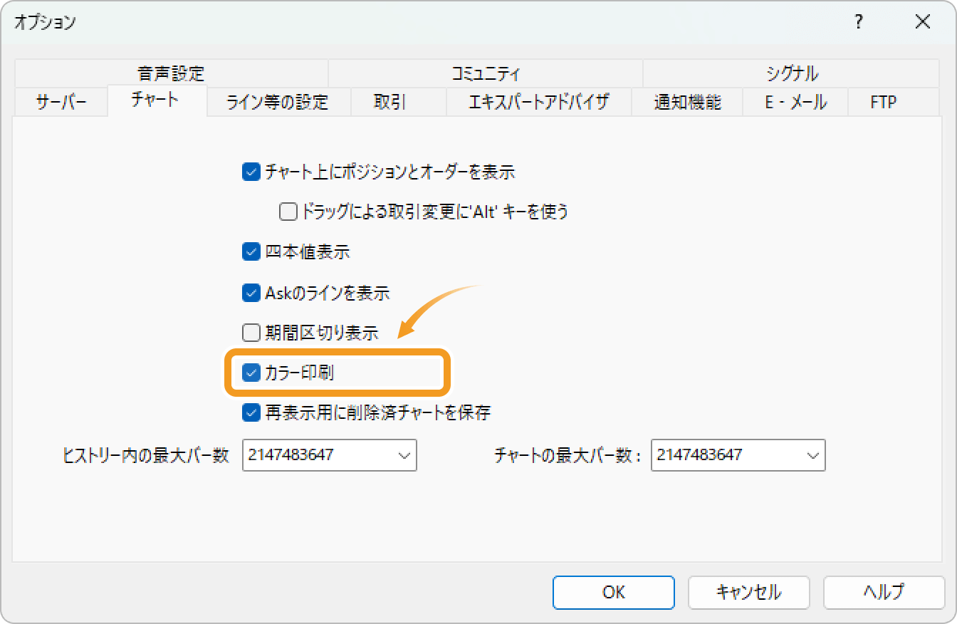 チャート画像のカラー印刷設定