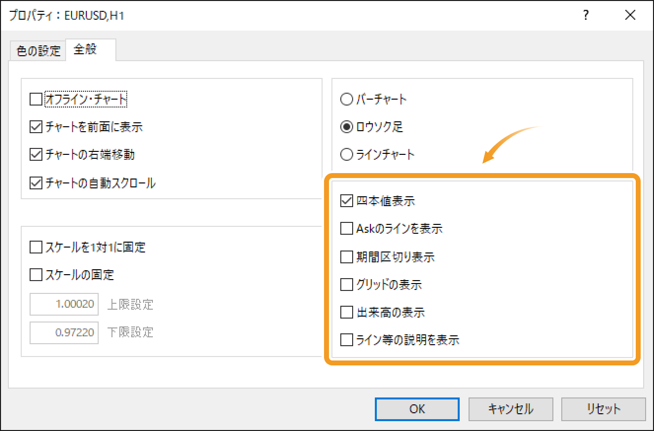 プロパティ内でチャートに表示する項目を選択