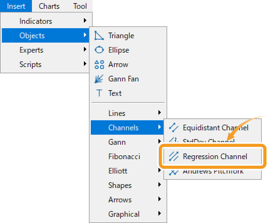 Hover the pointer over Objects and select Regression Channel